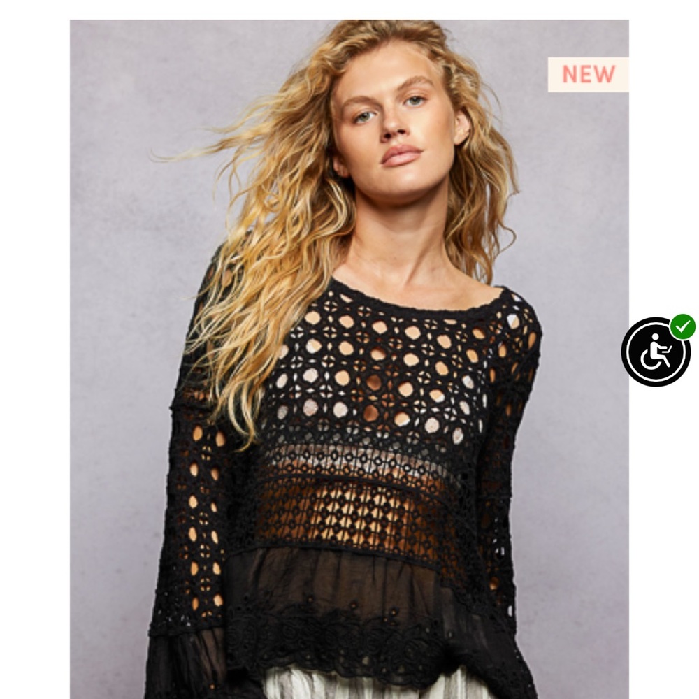 POL Black Crochet Women's Blouse
